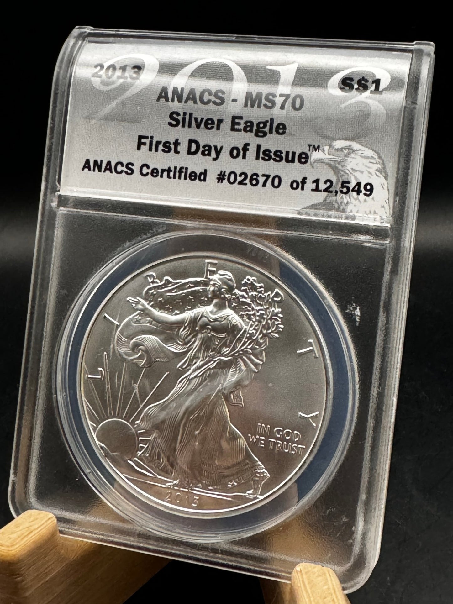 2013 ANACS MS70 FDOI Silver Eagle .999 Silver 1oz Coin