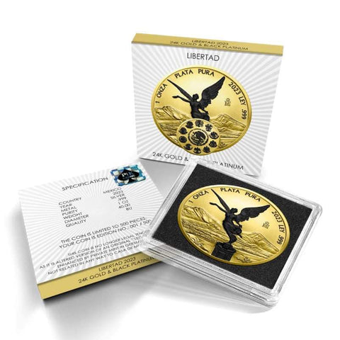 Mexico Libertad 2023 Black Platinum & Gilded 1 oz silver w/BOX & COA - limited 500 mintage