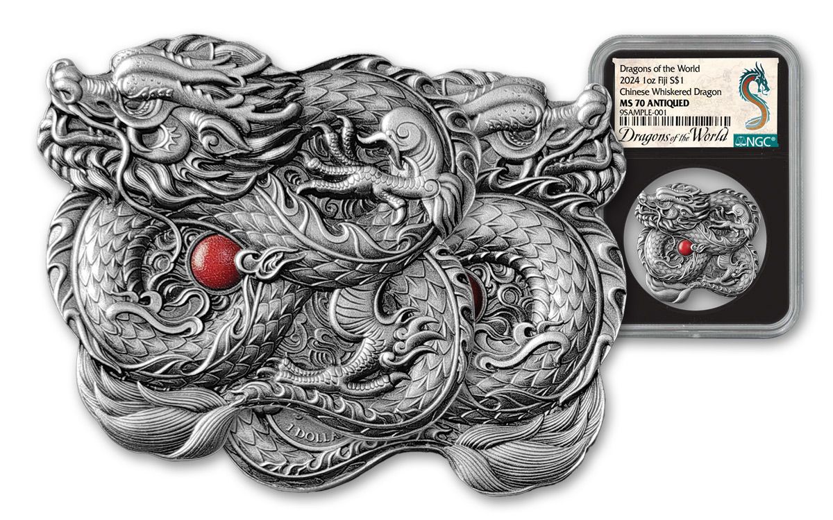 2024 Fiji $1 1-oz Silver China Whiskered Dragon Ultra High Relief Antiqued NGC MS70 w/Dragons of the World Label P/S