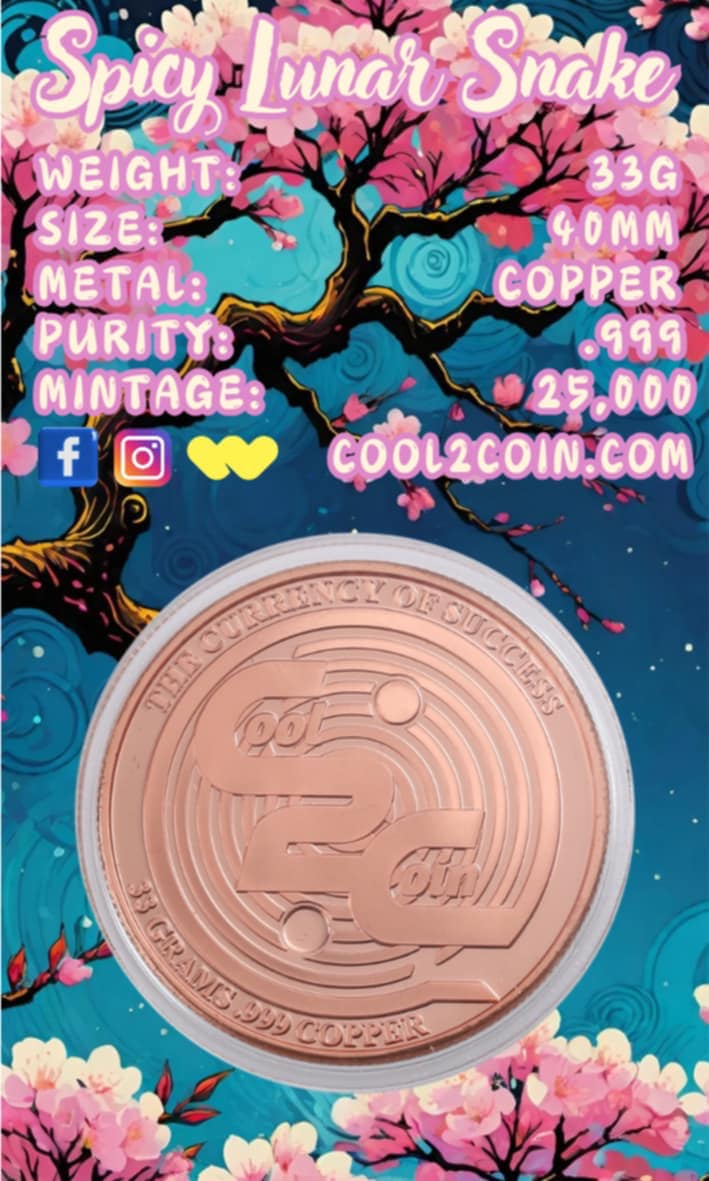 2025 Year of the Spicy Lunar Snake Colorized  33g Copper Round in Card Presale