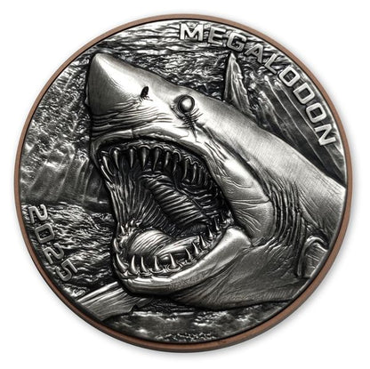 2025 .999 Silver Coin Antiqued Double Silver Giant Megalodon