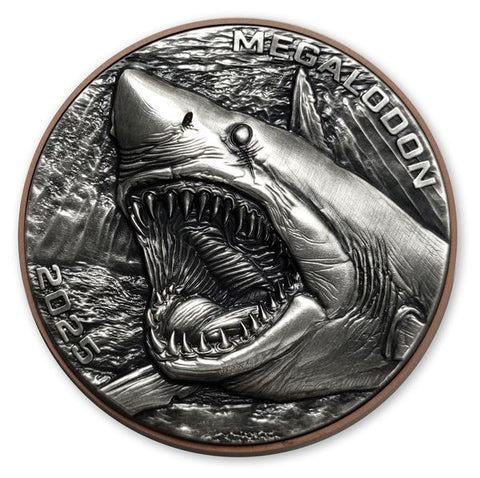 2025 .999 Silver Coin Antiqued Double Silver Giant Megalodon
