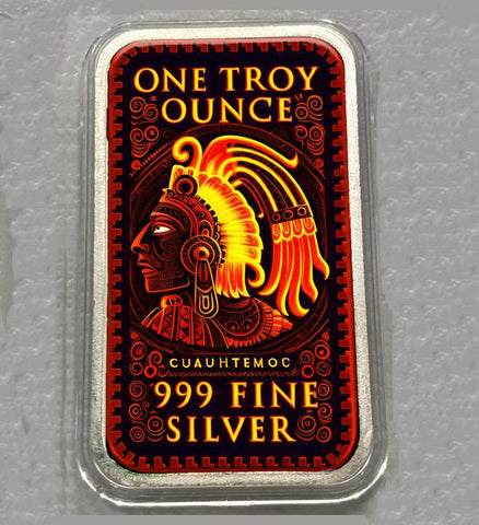 1oz .999 Fine Silver Bar Cuauhtemoc Aztec Bar Enhanced Colorized