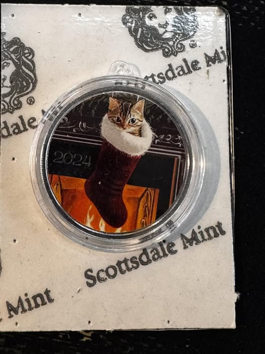 2024 Scottsdale Mint Kitty Cat in Christmas Stocking 1oz Color Coin