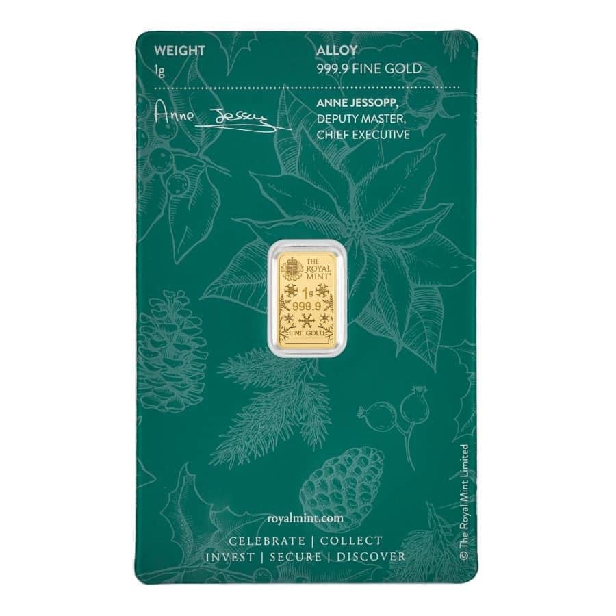 Britannia 1 gram .9999 Gold Bar Christmas Theme in Assay