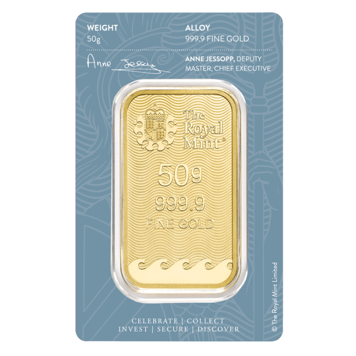 50 gram The Royal Mint Britannia 9999 Gold Bar (In Assay)