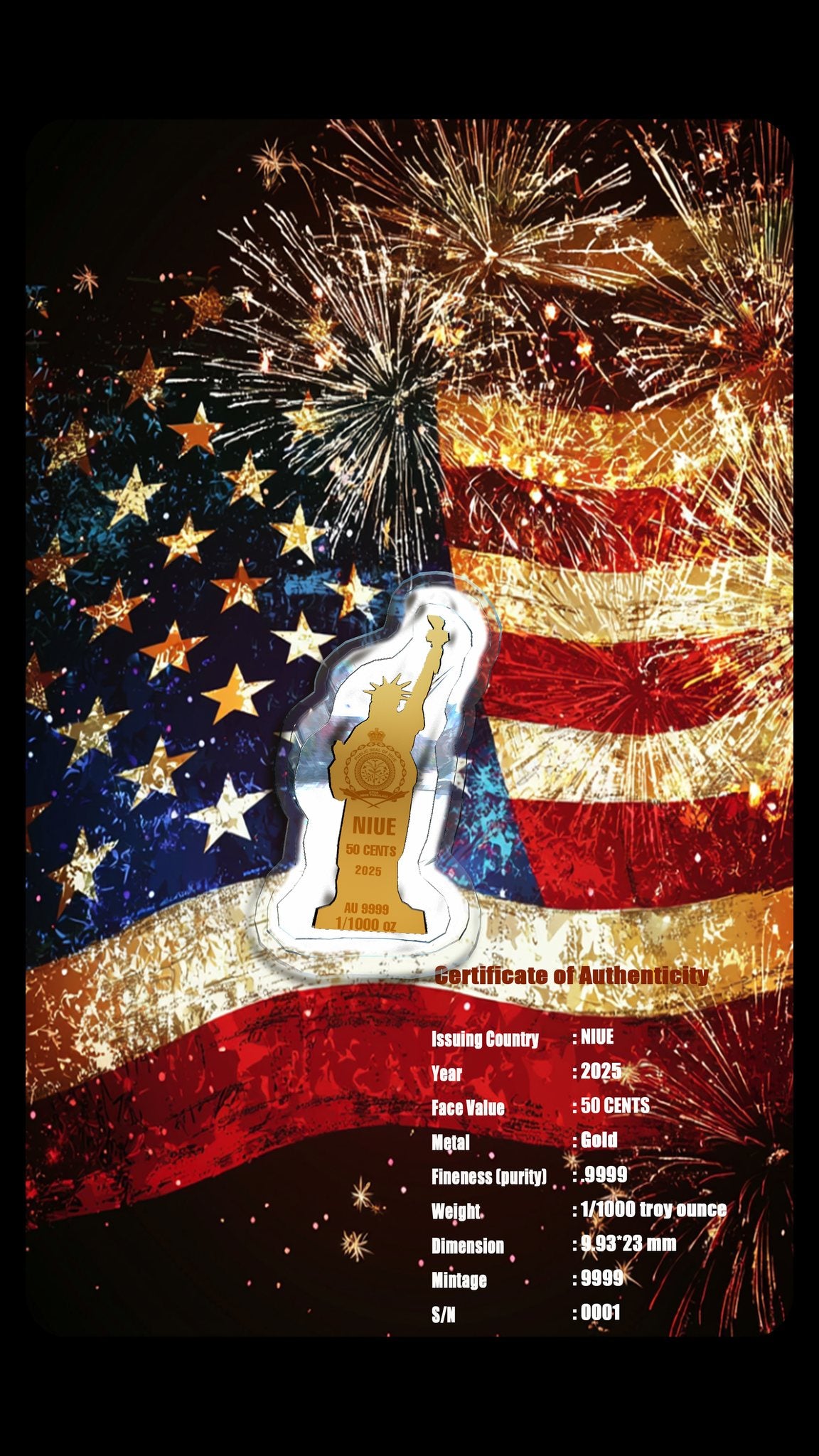 2025 Niue 4th of July Statue of Liberty Shaped 1/1000 oz .9999 Gold Coin in Card