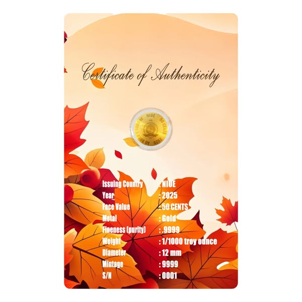 2025 Niue Maple Leaf 1/1000 oz .9999 Gold Coin in Card