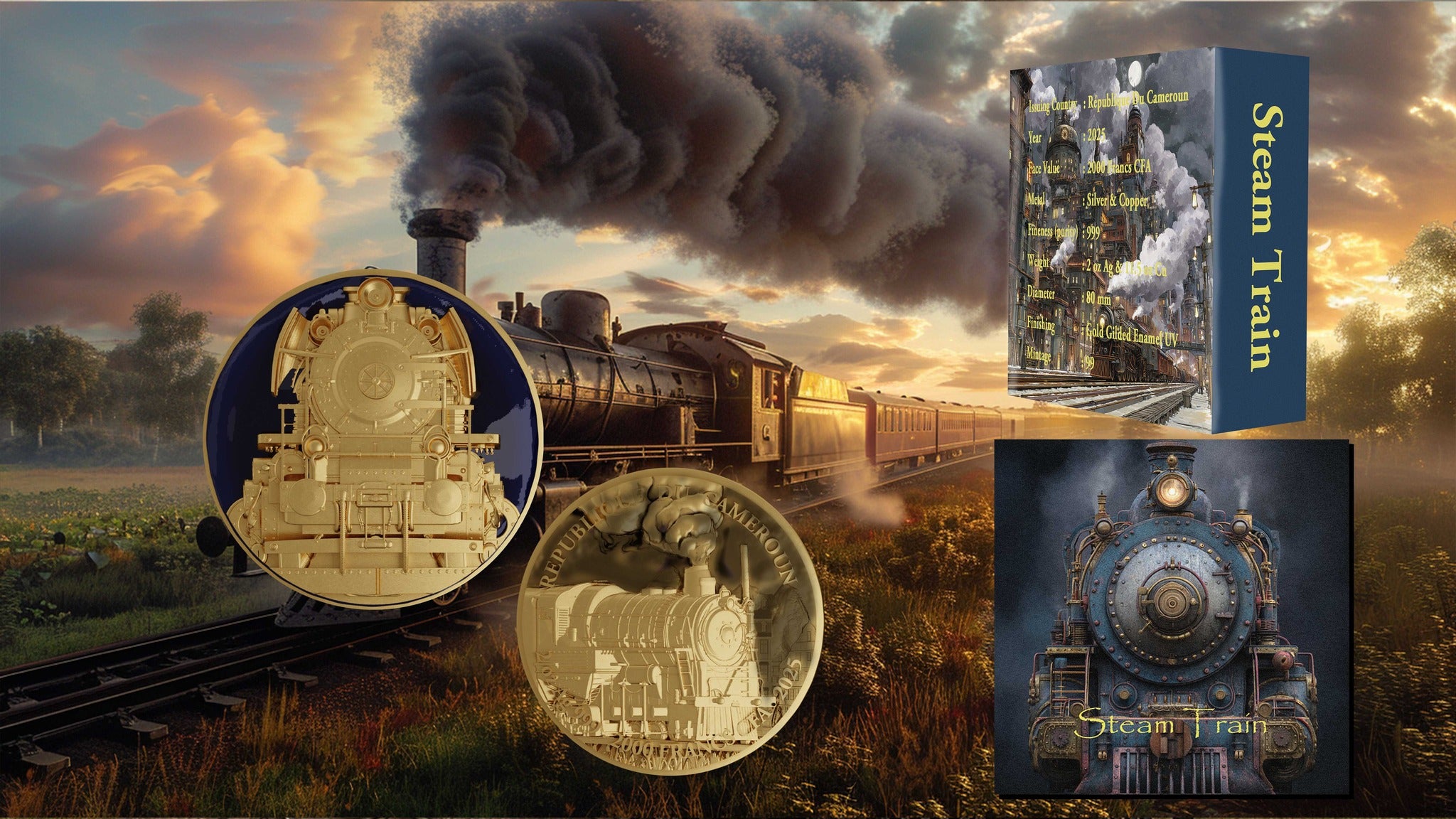 2025 Cameroon Gold Gilded Steam Train 2 oz Silver 11.5 oz Copper Coin