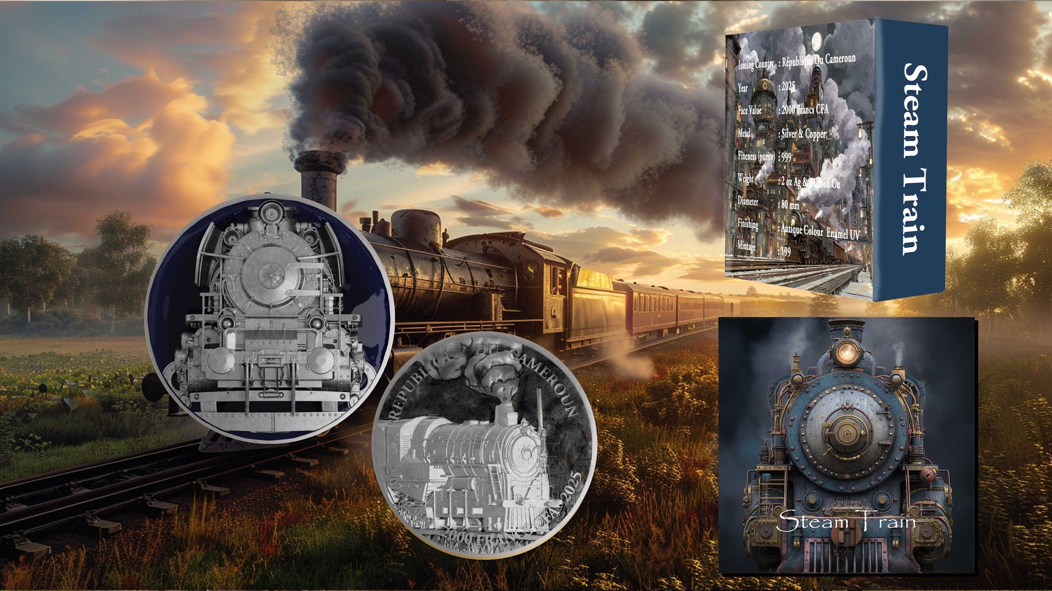 2025 Cameroon Antique Steam Train 2 oz Silver 11.5 oz Copper Coin