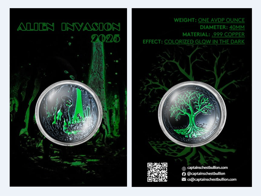 2025 Alien Invasion 1oz .999 Copper Colorized and Glow in the Dark Restrike
