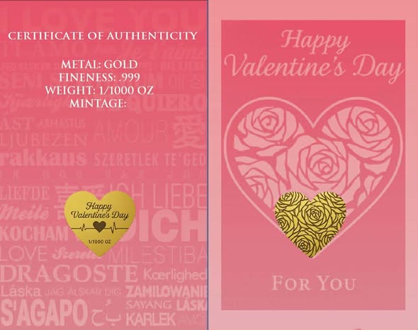 Happy Valentines Day 1/1000 oz .9999 Gold Shaped in Card