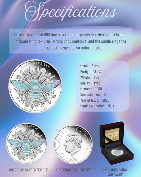 2026 Niue Carpenter Bee Proof with Hologram 1oz .999 Coin