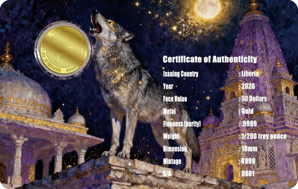 2026 Liberia The Great Wolf 1/200 oz .9999 Gold Coin in Card