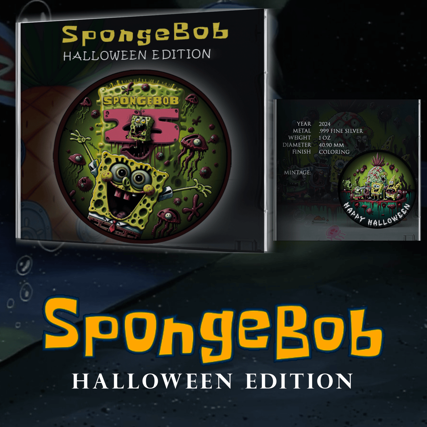 2024 Tuvalu Spongebob Squarepants 25th Anniversary Happy Halloween 1oz Colorized Coin Presale