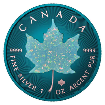 2022 Canadian Maple Leaf 1oz .9999 Pur Color Teal Green & Green Opal