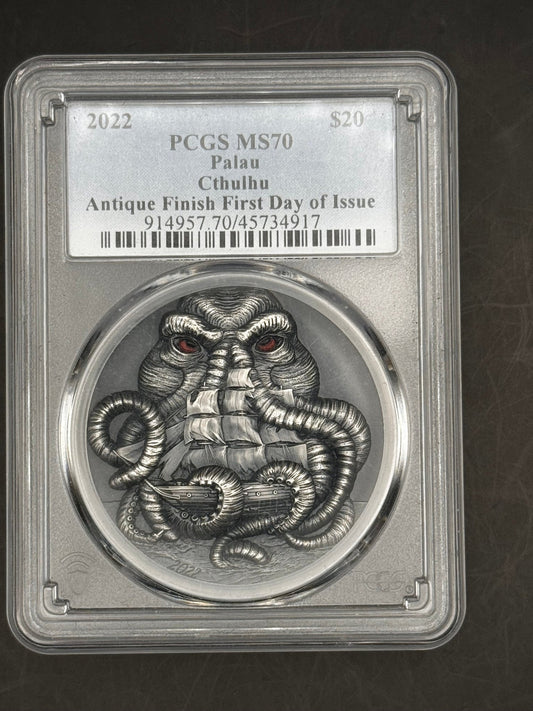 2022 Palau $20 H.P. Lovecraft CTHULHU 3 oz. Silver Antique, PCGS MS70