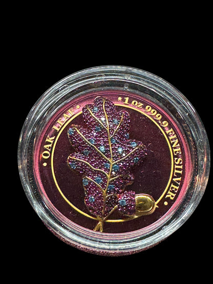 2019 Germania Colorized Bejeweled 1oz .999 Silver Oak Leaf Mythical Forest Proof Coin