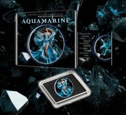 2024 Silver Eagle Aquamarine March Month Colorized 1oz .999 Silver
