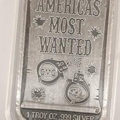 America's Most Wanted Jesse James Silver Round featuring a detailed depiction of Jesse James, crafted from .999 fine silver. A collectible tribute to the infamous Wild West outlaw.