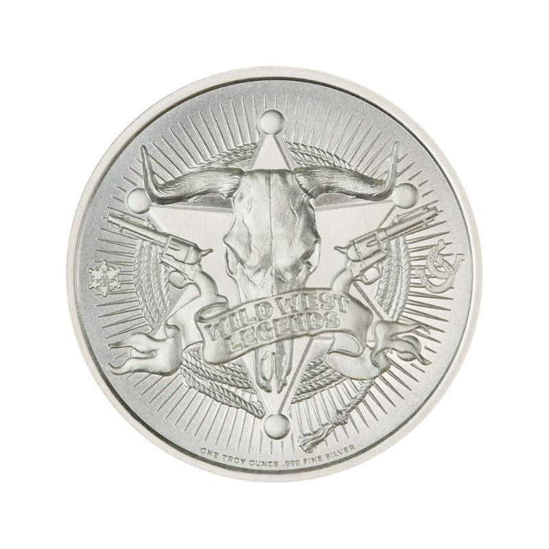 Annie Oakley 1 Troy Ounce 39mm Silver Round featuring a detailed depiction of Wild Bill Hickok and iconic old west imagery.