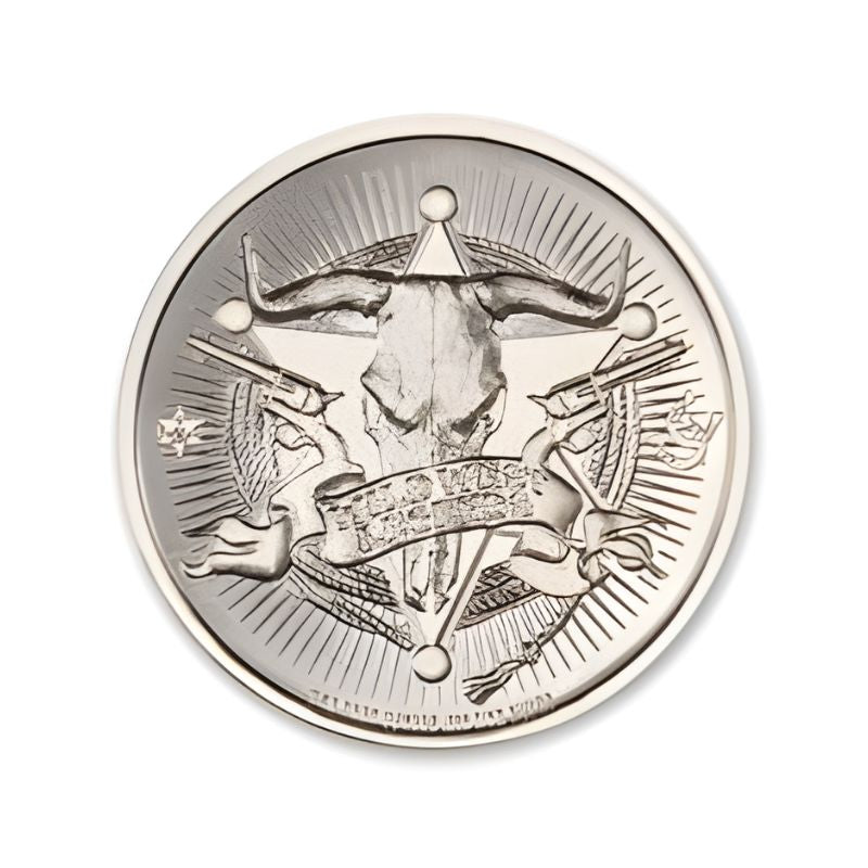 Annie Oakley 2 Troy Ounce 39mm Silver Round featuring a detailed depiction of Annie Oakley and iconic old west imagery.