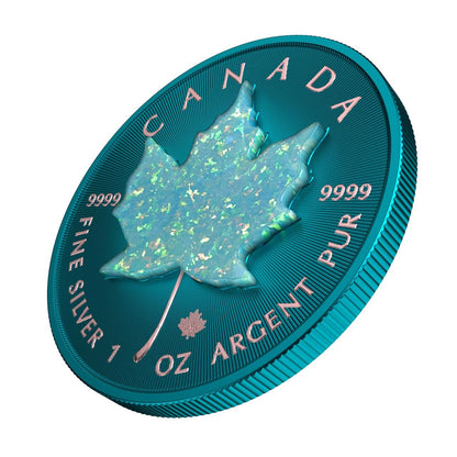 2022 Canadian Maple Leaf 1oz .9999 Pur Color Teal Green & Green Opal