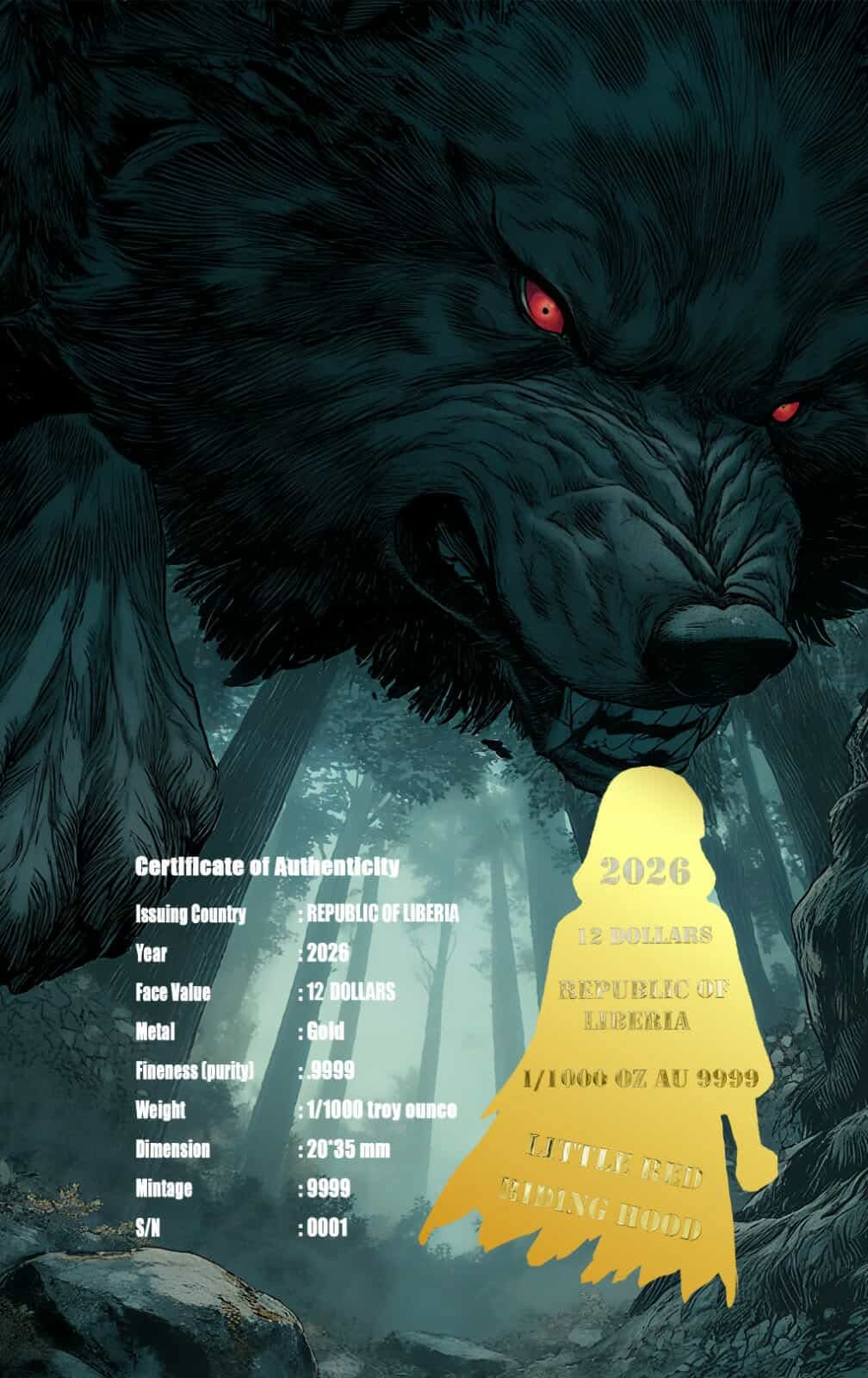 2026 Liberia Little Red Riding Hood Shaped 1/1000 oz .9999 Gold Coin in Card