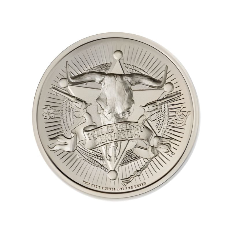 Bass Reeves 1 Troy Ounce 39mm Silver Round featuring a detailed depiction of Bass Reeves and iconic Old West imagery.