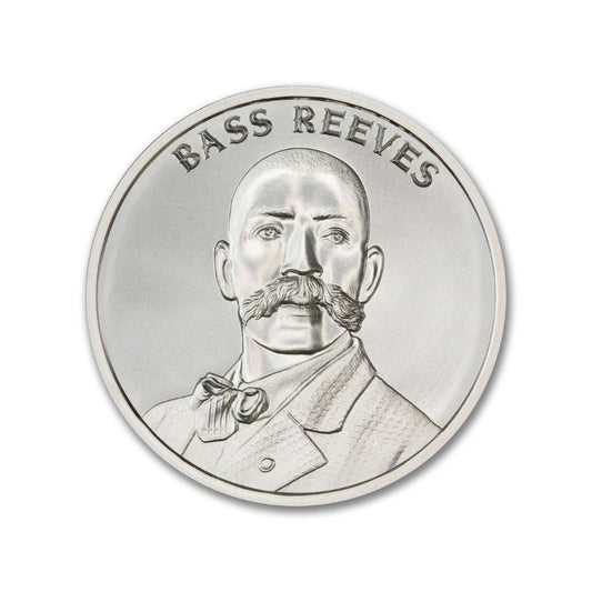 Bass Reeves 1 Troy Ounce 39mm Silver Round featuring a detailed depiction of Bass Reeves and iconic Old West imagery.