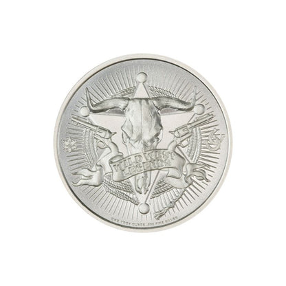 Bat Masterson 1 Troy Ounce 39mm Silver Round featuring a detailed depiction of Bat Masterson and iconic Old West imagery.