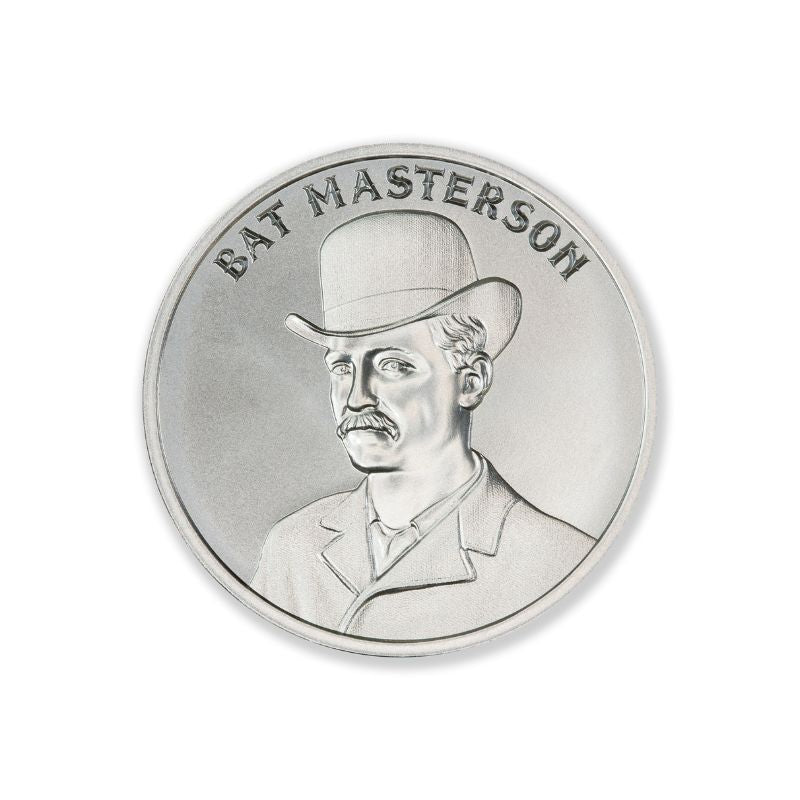 Bat Masterson 1 Troy Ounce 39mm Silver Round featuring a detailed depiction of Bat Masterson and iconic Old West imagery.