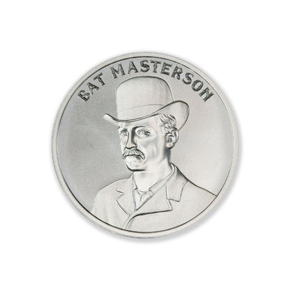 Bat Masterson 1 Troy Ounce 39mm Silver Round featuring a detailed depiction of Bat Masterson and iconic Old West imagery.