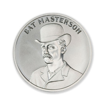 Bat Masterson 2 Troy Ounce 39mm Silver Round featuring a detailed depiction of Bat Masterson and iconic Old West imagery.