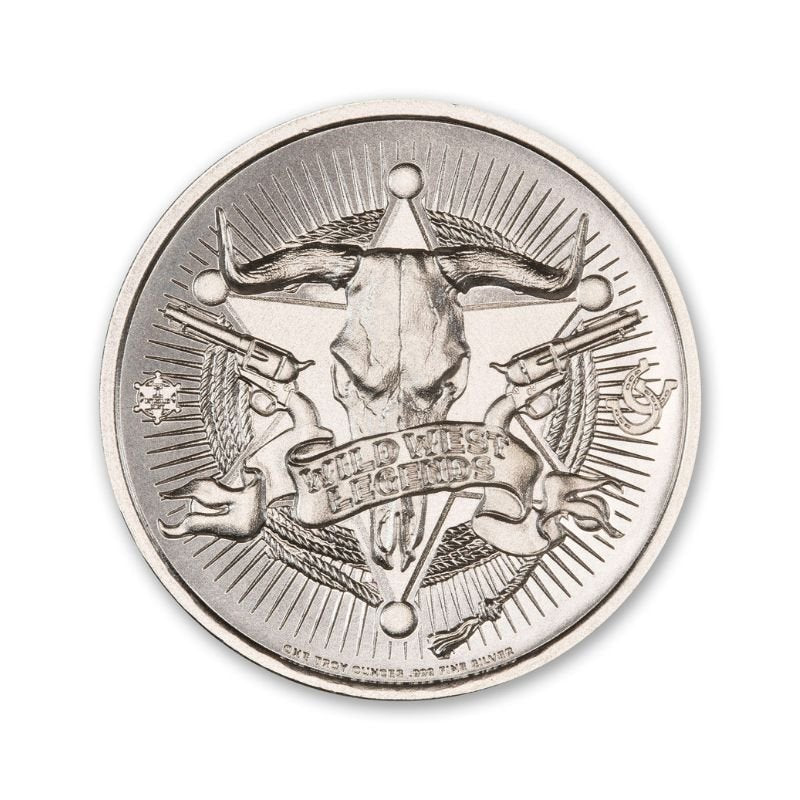 Billy The Kid 1 Troy Ounce 39mm Silver Round featuring a detailed depiction of Billy the Kid and iconic Old West imagery.