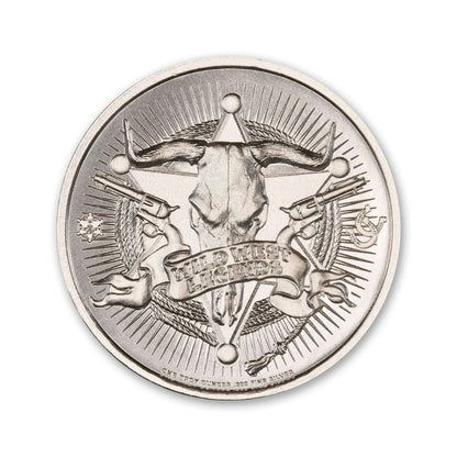 Billy The Kid 1 Troy Ounce 39mm Silver Round featuring a detailed depiction of Billy the Kid and iconic Old West imagery.