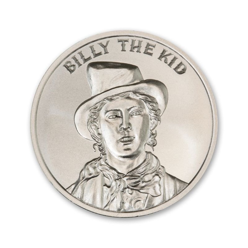 Billy The Kid 1 Troy Ounce 39mm Silver Round featuring a detailed depiction of Billy the Kid and iconic Old West imagery.