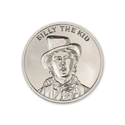 Billy The Kid 2 Troy Ounce 39mm Silver Round featuring a detailed depiction of Billy the Kid and iconic Old West imagery.