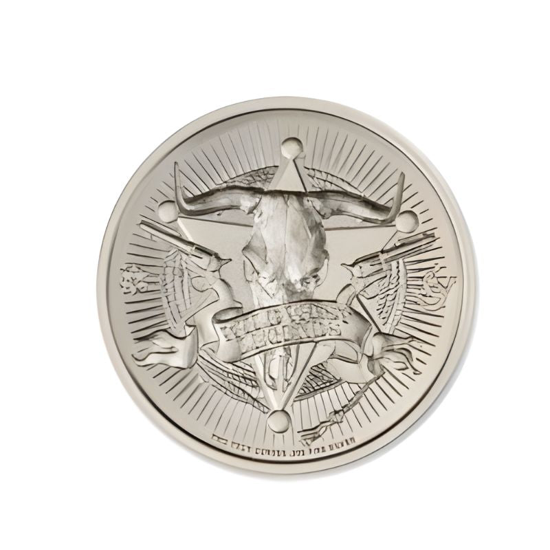 Black Bart 1 Troy Ounce 39mm Silver Round featuring a detailed depiction of Black Bart and iconic Old West imagery.