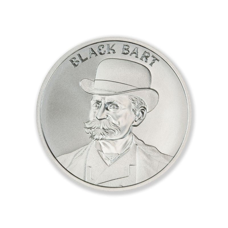 Black Bart 2 Troy Ounce 39mm Silver Round featuring a detailed depiction of Black Bart and iconic Old West imagery.