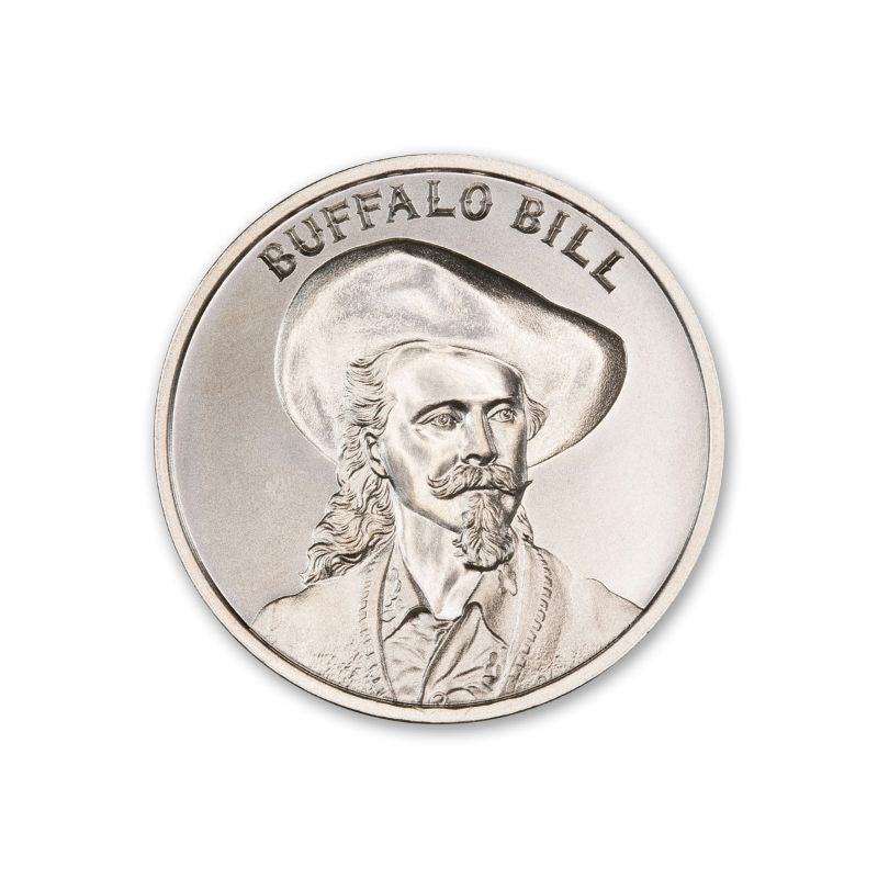 Buffalo Bill 1 Troy Ounce 39mm Silver Round featuring a detailed depiction of Buffalo Bill and iconic Old West imagery.