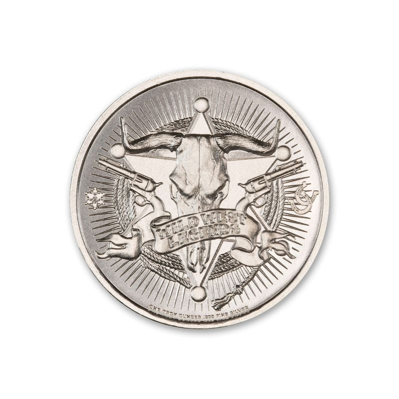 Buffalo Bill 1 Troy Ounce 39mm Silver Round featuring a detailed depiction of Buffalo Bill and iconic Old West imagery.