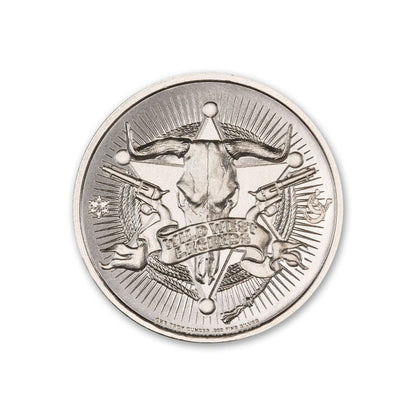 Buffalo Bill 1 Troy Ounce 39mm Silver Round featuring a detailed depiction of Buffalo Bill and iconic Old West imagery.