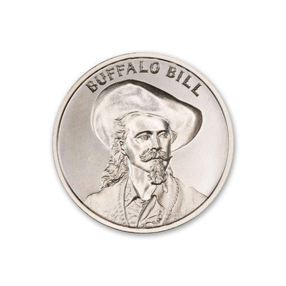 Buffalo Bill 2 Troy Ounce 39mm Silver Round featuring a detailed depiction of Buffalo Bill and iconic Old West imagery.