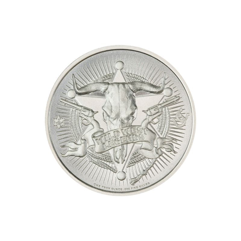 Buffalo Bill 2 Troy Ounce 39mm Silver Round featuring a detailed depiction of Buffalo Bill and iconic Old West imagery.