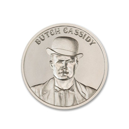 Butch Cassidy 1 Troy Ounce 39mm Silver Round featuring a detailed depiction of Butch Cassidy and iconic Old West imagery.