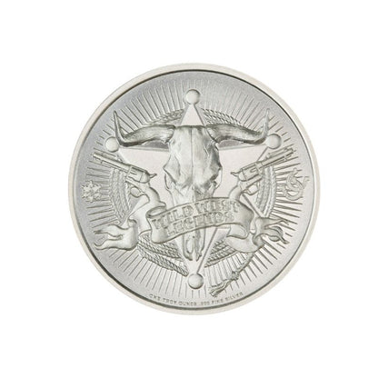 Butch Cassidy 1 Troy Ounce 39mm Silver Round featuring a detailed depiction of Butch Cassidy and iconic Old West imagery.