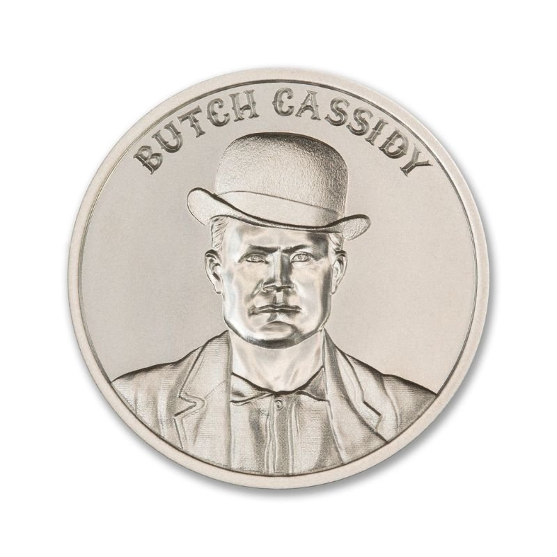 Butch Cassidy 2 Troy Ounce 39mm Silver Round featuring a detailed depiction of Butch Cassidy and iconic Old West imagery.