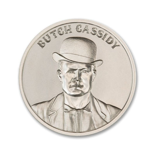 Butch Cassidy 2 Troy Ounce 39mm Silver Round featuring a detailed depiction of Butch Cassidy and iconic Old West imagery.