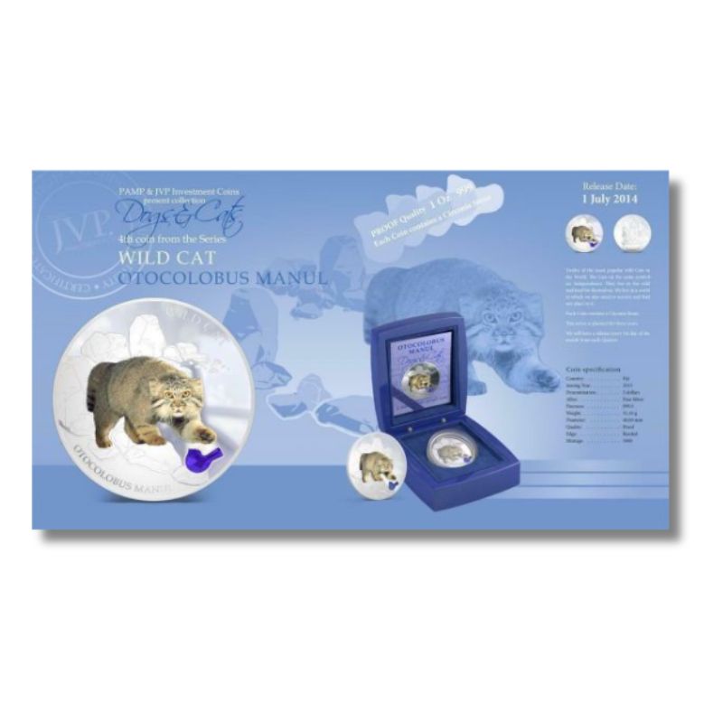 Fiji 2013 $2 Otocolobus Manul "Pallas's Cat" 1 Oz Silver Coin featuring a detailed depiction of a Pallas's Cat.